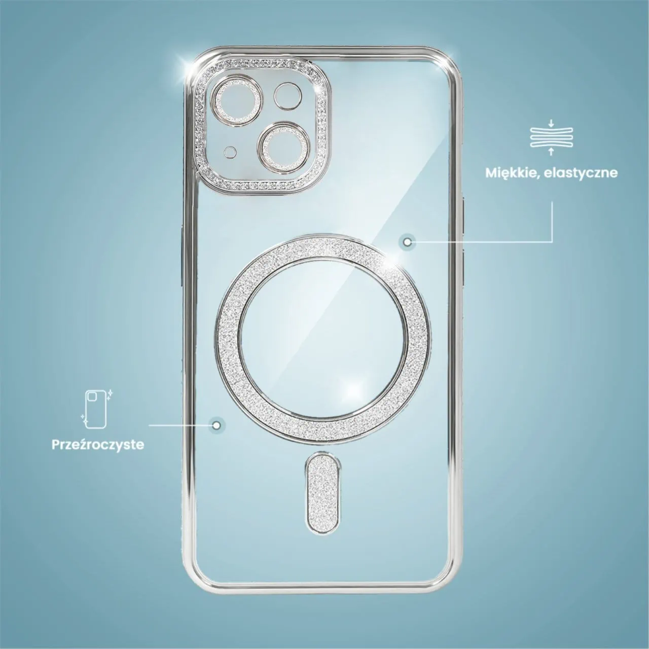 Etui do iPhone 14 Diadem Glow, błyszczące z MagSafe, przeźroczyste, srebrne (OUTLET)