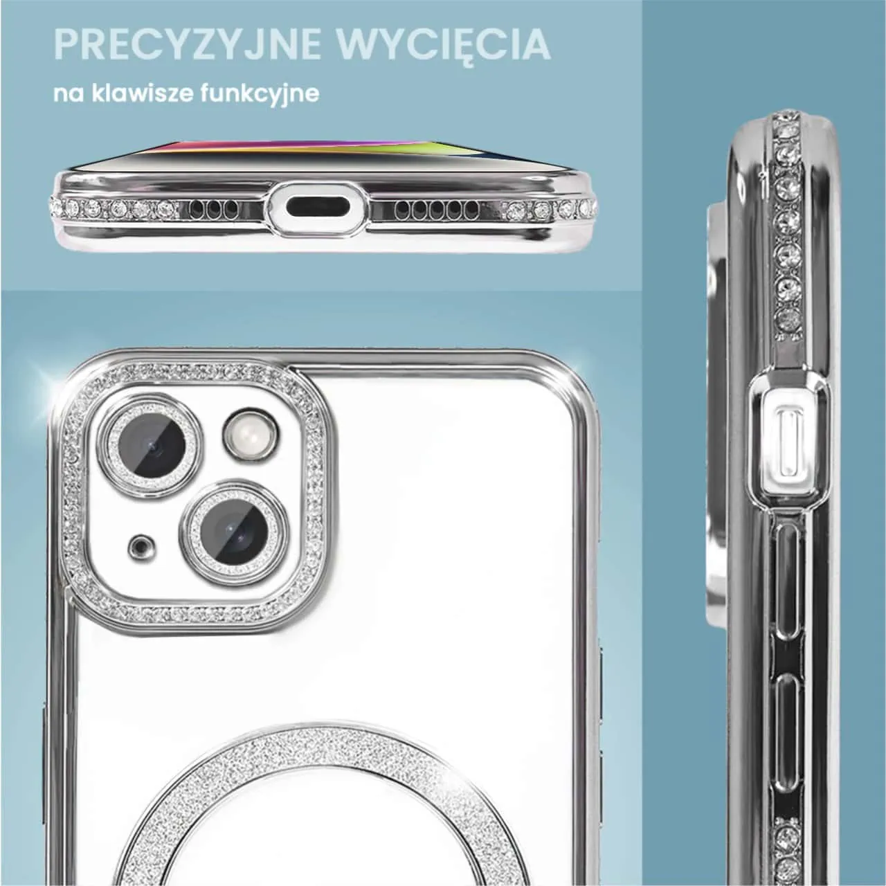 Etui do iPhone 14 Diadem Glow, błyszczące z MagSafe, przeźroczyste, srebrne (OUTLET)