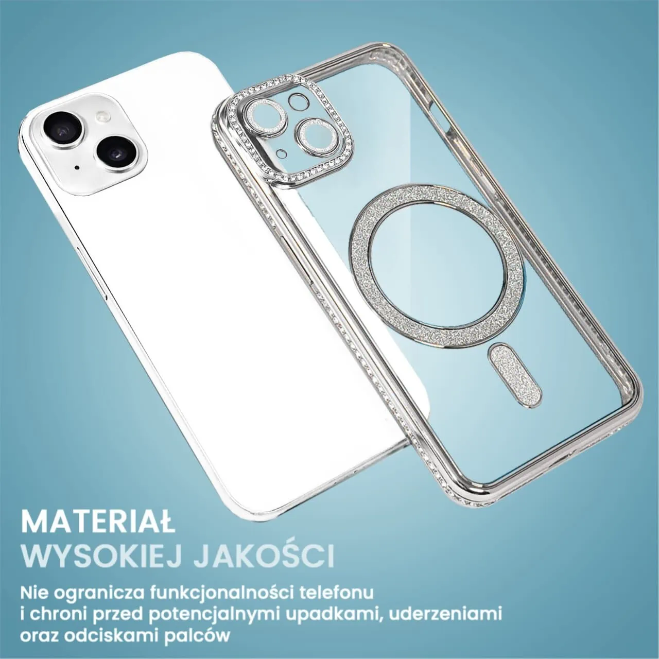 Etui do iPhone 14 Diadem Glow, błyszczące z MagSafe, przeźroczyste, srebrne (OUTLET)