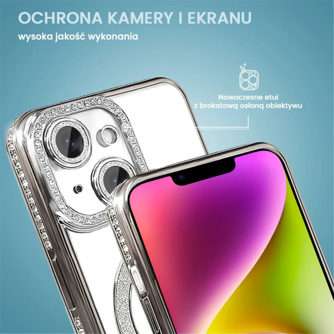 Etui do iPhone 14 Diadem Glow, błyszczące z MagSafe, przeźroczyste, srebrne (OUTLET)