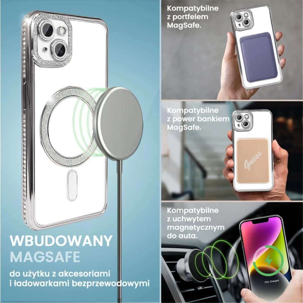 Etui do iPhone 14 Diadem Glow, błyszczące z MagSafe, przeźroczyste, srebrne (OUTLET)