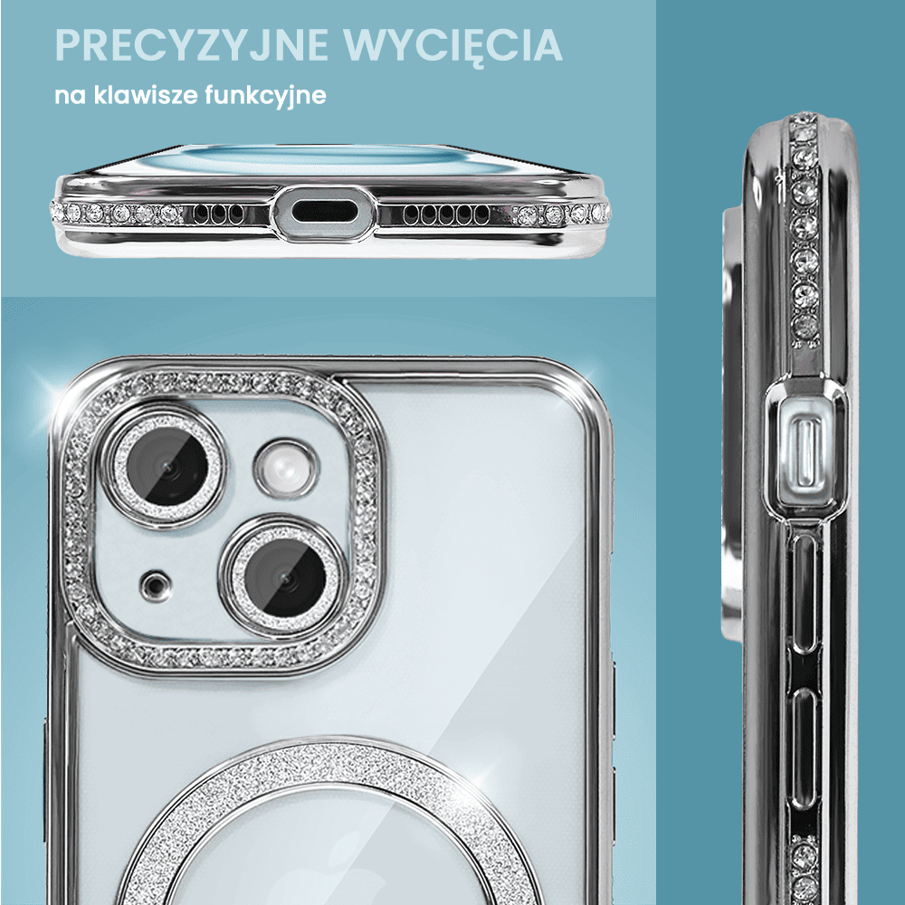 Etui do iPhone 15 Diadem Glow, błyszczące z MagSafe, przeźroczyste, srebrne (OUTLET)