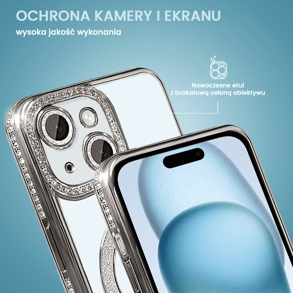 Etui do iPhone 15 Diadem Glow, błyszczące z MagSafe, przeźroczyste, srebrne (OUTLET)