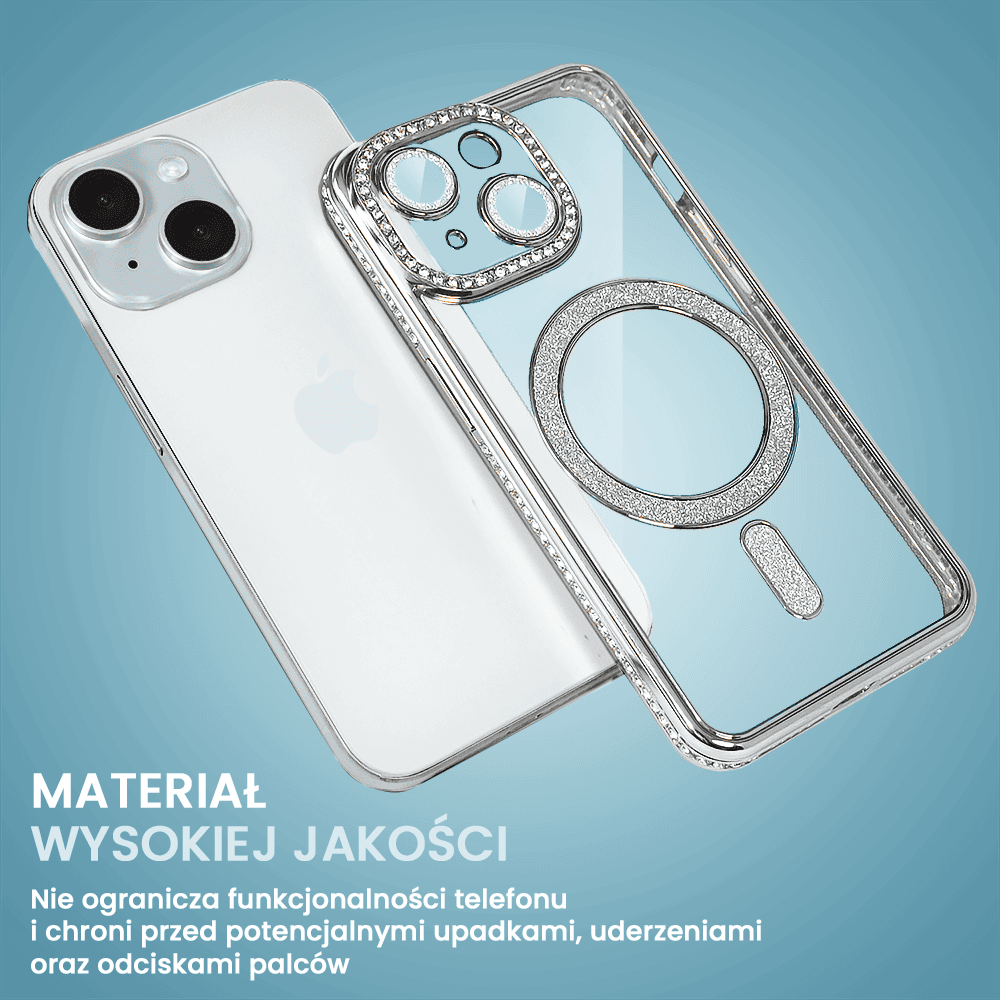 Etui do iPhone 15 Diadem Glow, błyszczące z MagSafe, przeźroczyste, srebrne (OUTLET)