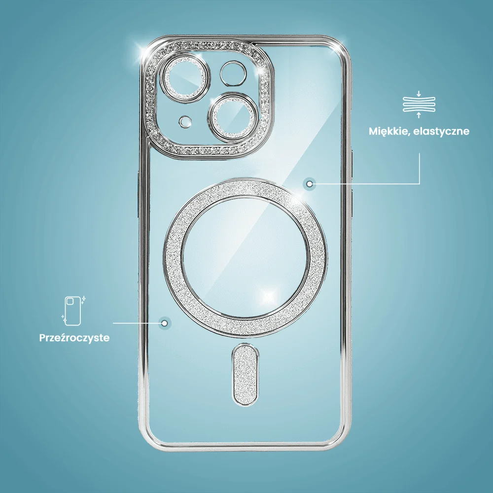 Etui do iPhone 15 Diadem Glow, błyszczące z MagSafe, przeźroczyste, srebrne (OUTLET)