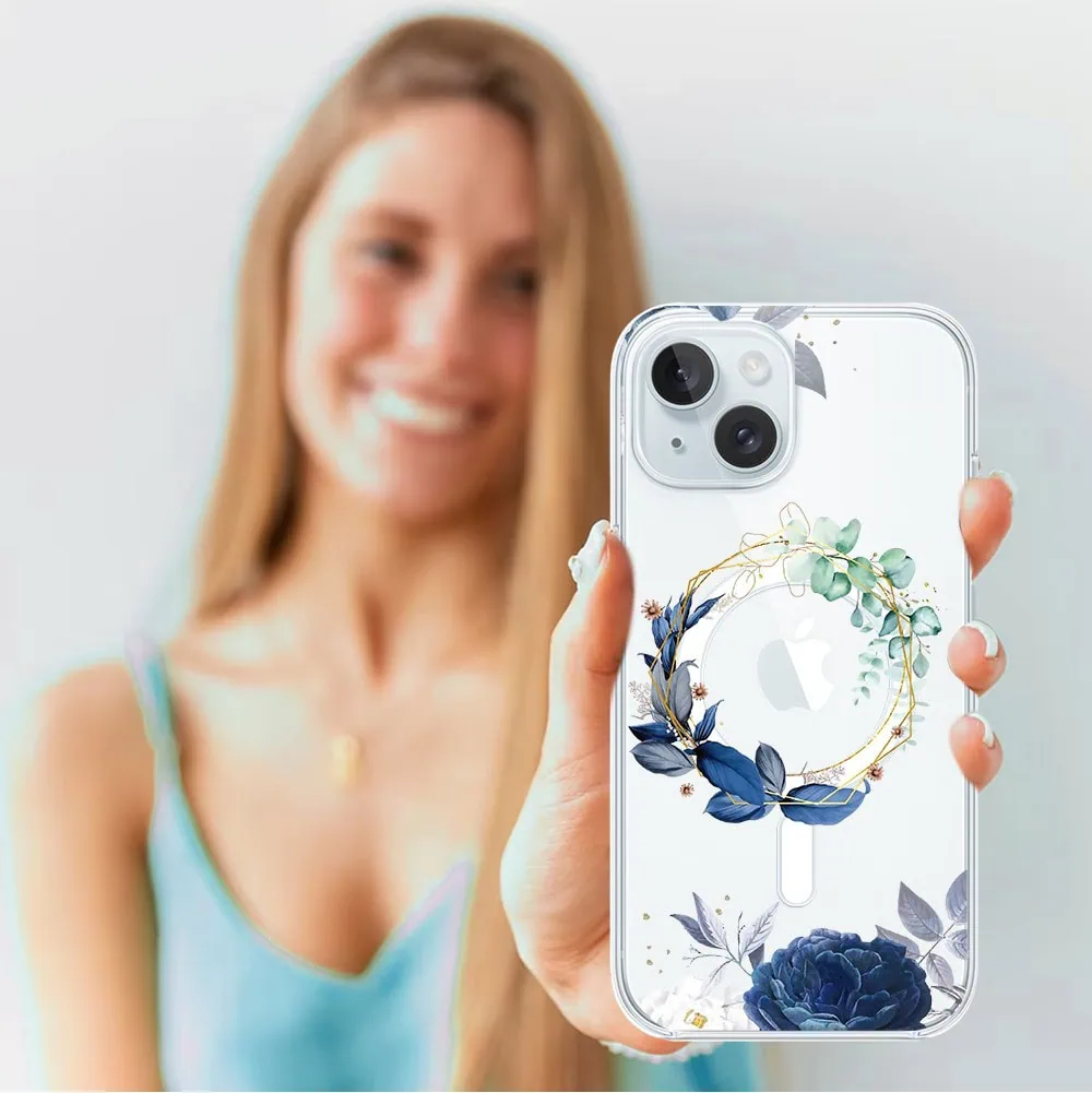 Etui do iPhone 15 Plus, Flower MagSafe, niebieskie kwiaty, przeźroczyste