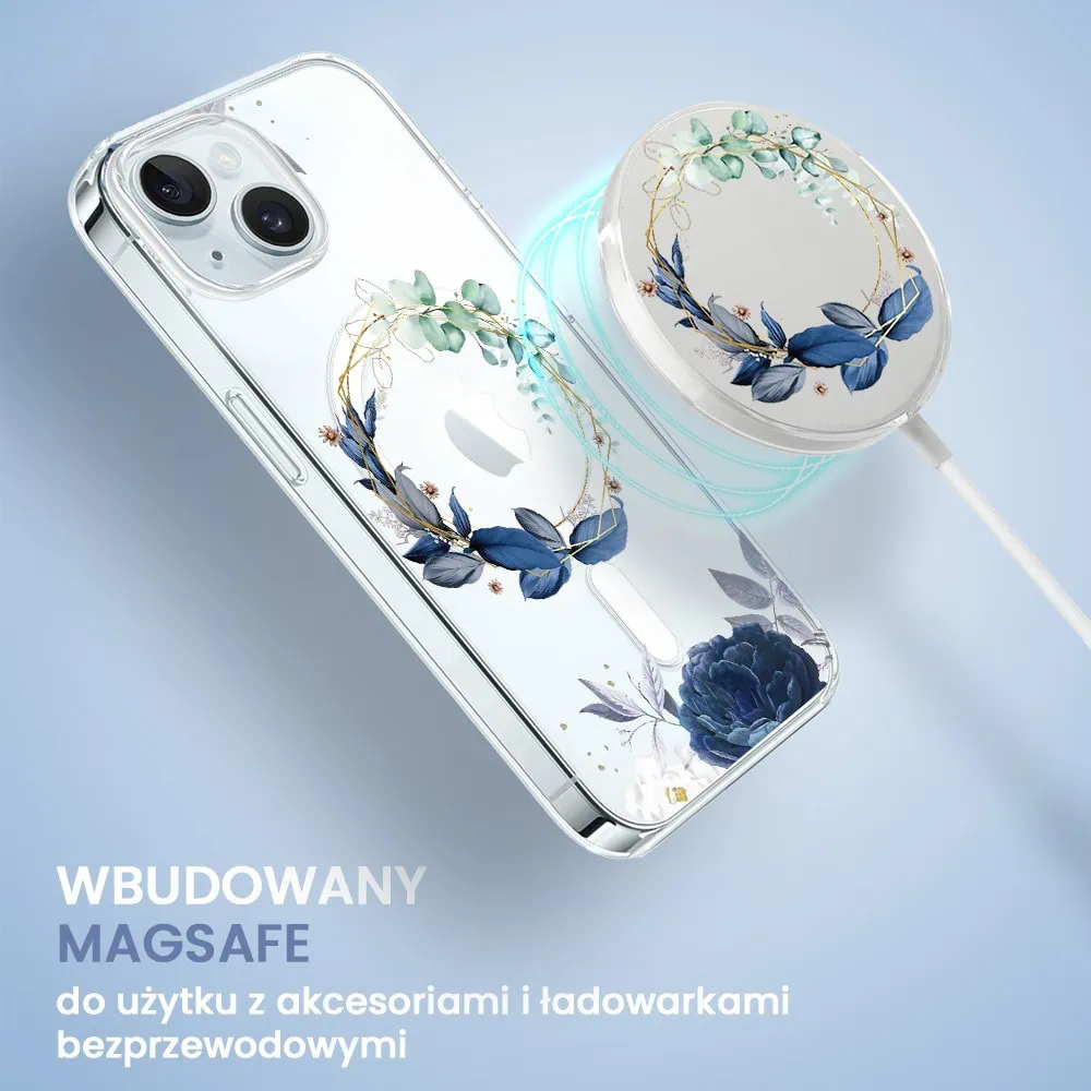 Etui do iPhone 15 Plus, Flower MagSafe, niebieskie kwiaty, przeźroczyste