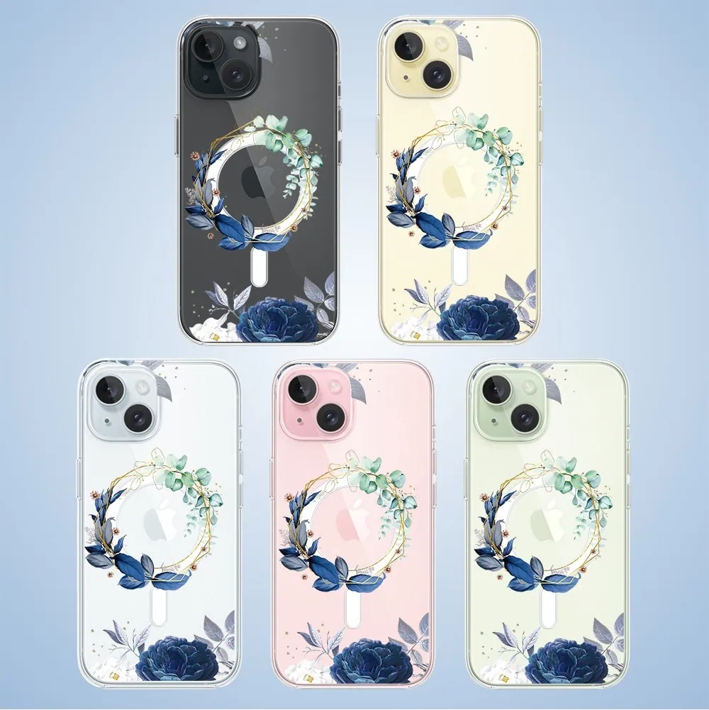 Etui do iPhone 15 Plus, Flower MagSafe, niebieskie kwiaty, przeźroczyste