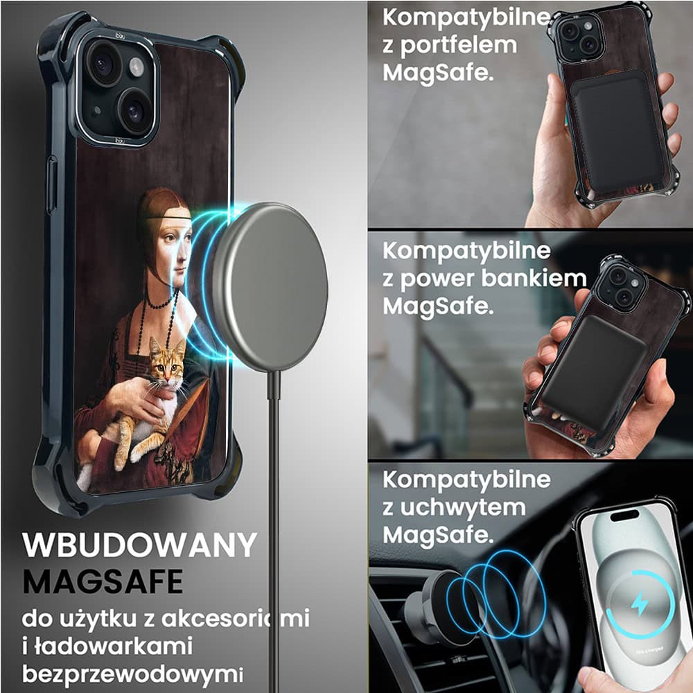 Etui do iPhone 15, Ibizu DropGuard Ultra z MagSafe, Leonardo Da Vinci, dama z kotem