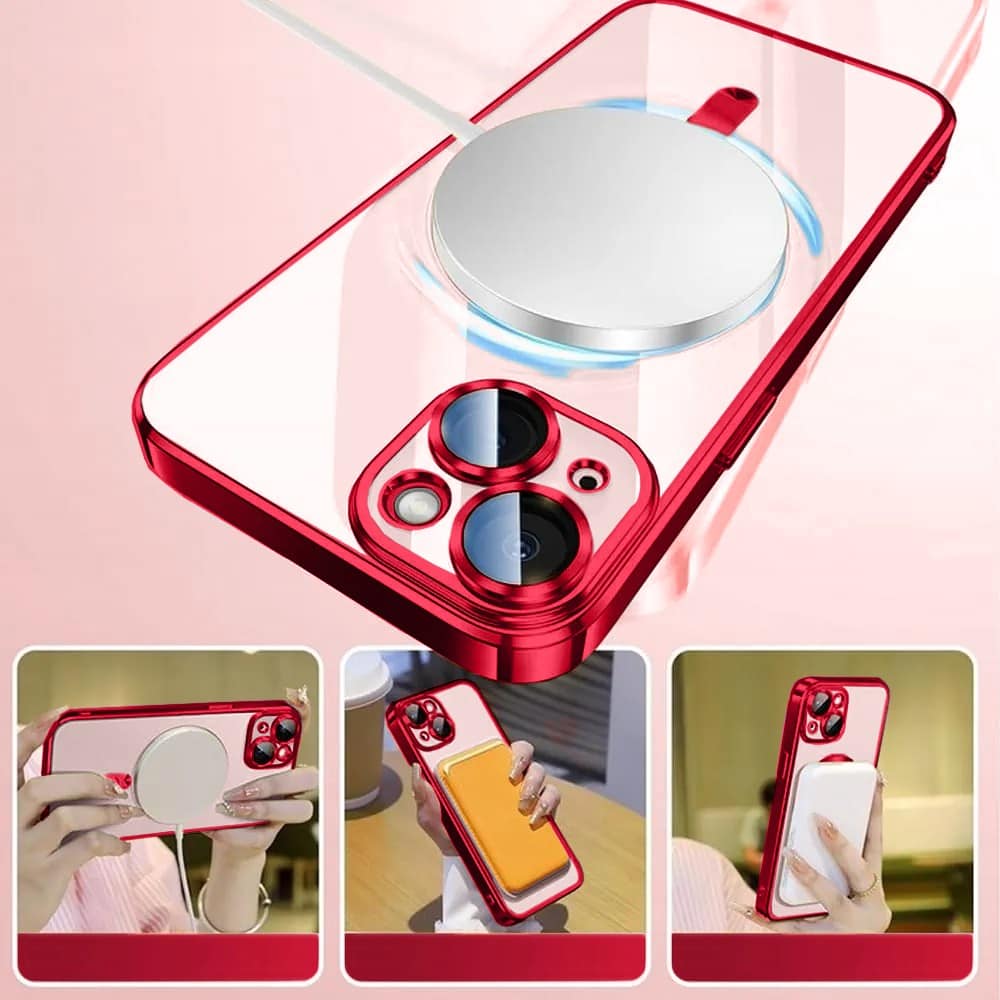 Etui do iPhone 15 Plus MagSafe Luxury Protect przeźroczyste, hybrydowa ochrona kamery, czerwone