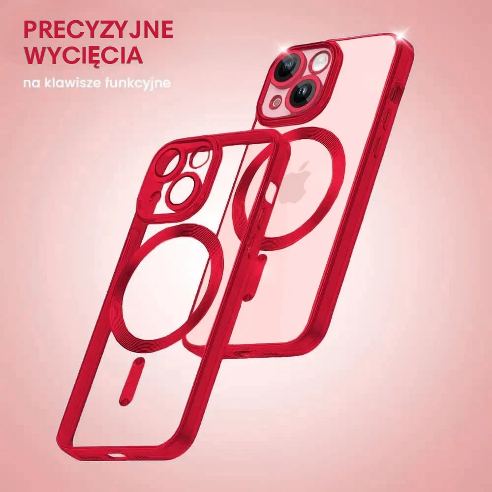 Etui do iPhone 15 Plus MagSafe Luxury Protect przeźroczyste, hybrydowa ochrona kamery, czerwone