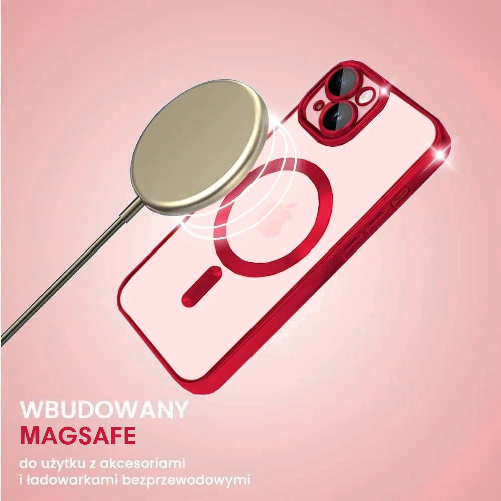Etui do iPhone 15 Plus MagSafe Luxury Protect przeźroczyste, hybrydowa ochrona kamery, czerwone
