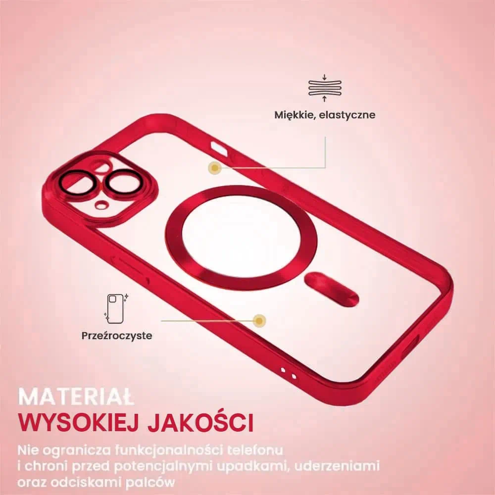 Etui do iPhone 15 Plus MagSafe Luxury Protect przeźroczyste, hybrydowa ochrona kamery, czerwone