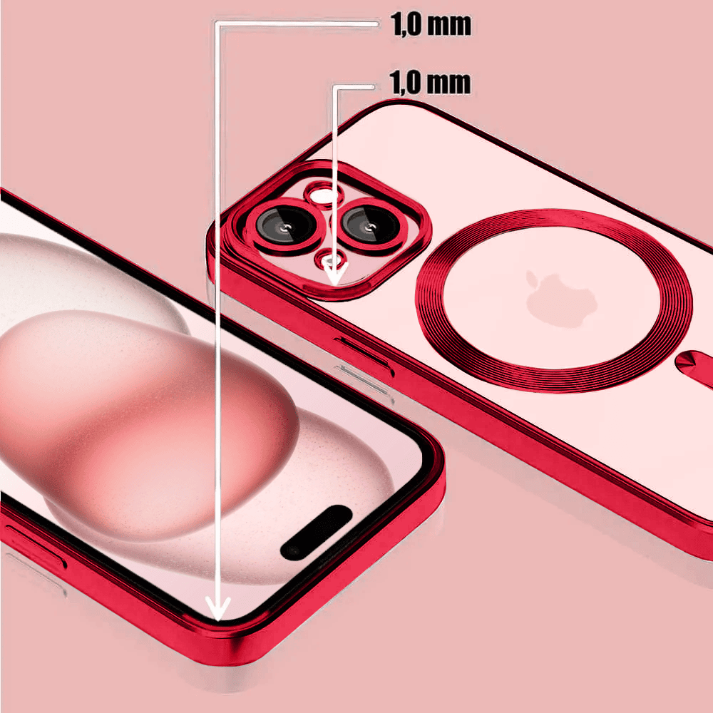 Etui do iPhone 15 Plus MagSafe Luxury Protect przeźroczyste, hybrydowa ochrona kamery, czerwone