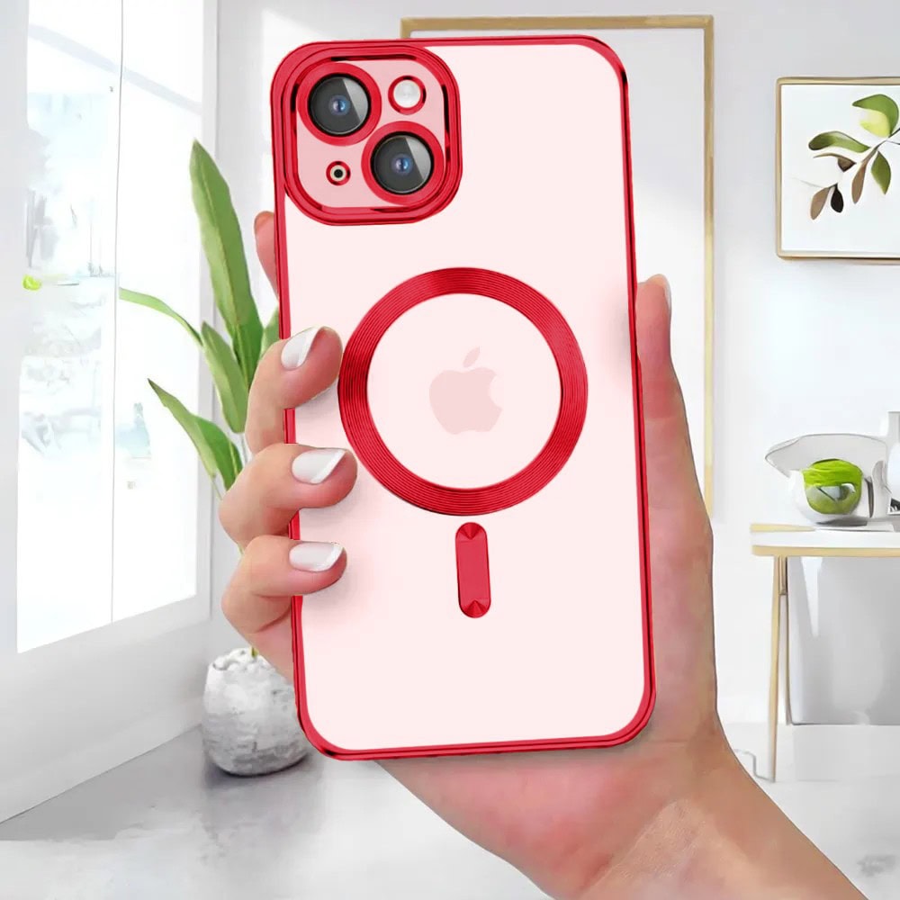 Etui do iPhone 15 Plus MagSafe Luxury Protect przeźroczyste, hybrydowa ochrona kamery, czerwone