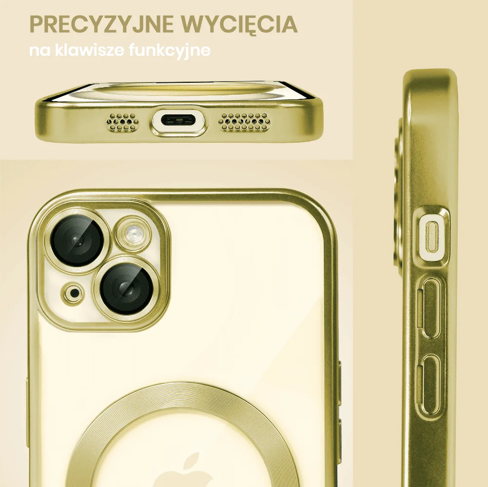Etui do iPhone 15 Plus MagSafe Luxury Protect przeźroczyste, z osłoną aparatu, Titanium Finish, złoty tytan