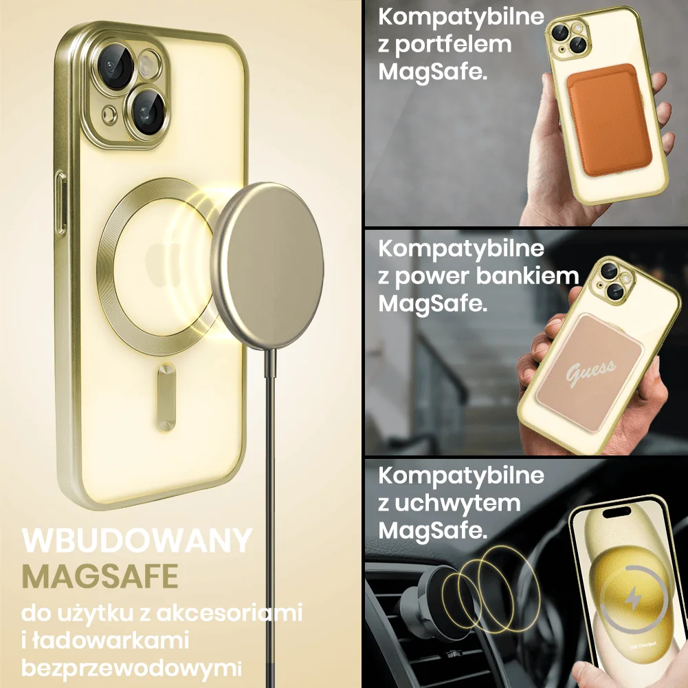 Etui do iPhone 15 Plus MagSafe Luxury Protect przeźroczyste, z osłoną aparatu, Titanium Finish, złoty tytan
