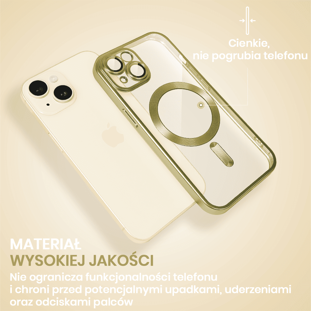 Etui do iPhone 15 Plus MagSafe Luxury Protect przeźroczyste, z osłoną aparatu, Titanium Finish, złoty tytan