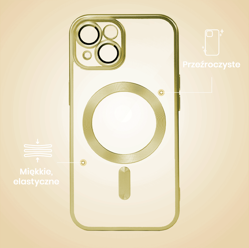 Etui do iPhone 15 Plus MagSafe Luxury Protect przeźroczyste, z osłoną aparatu, Titanium Finish, złoty tytan