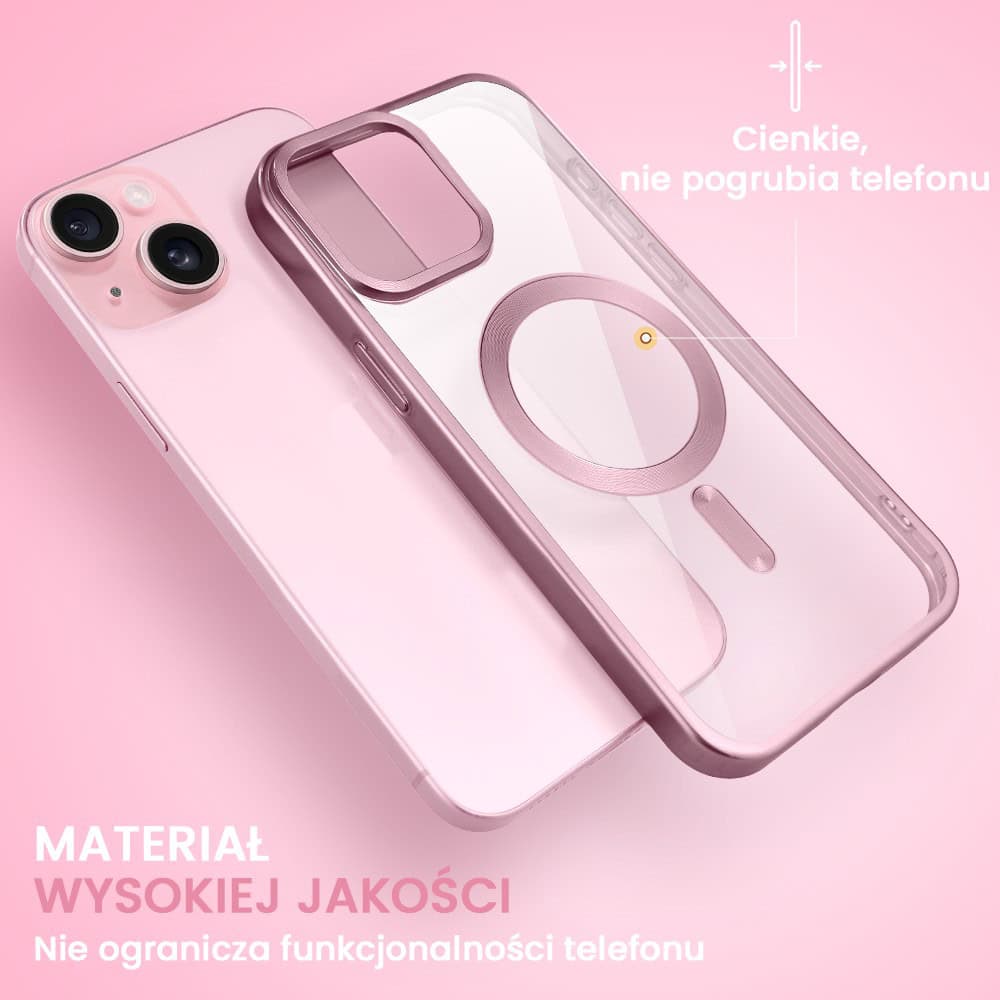 Etui do iPhone 15 Plus MagSafe Luxury Titanium Finish, przeźroczyste, różowe