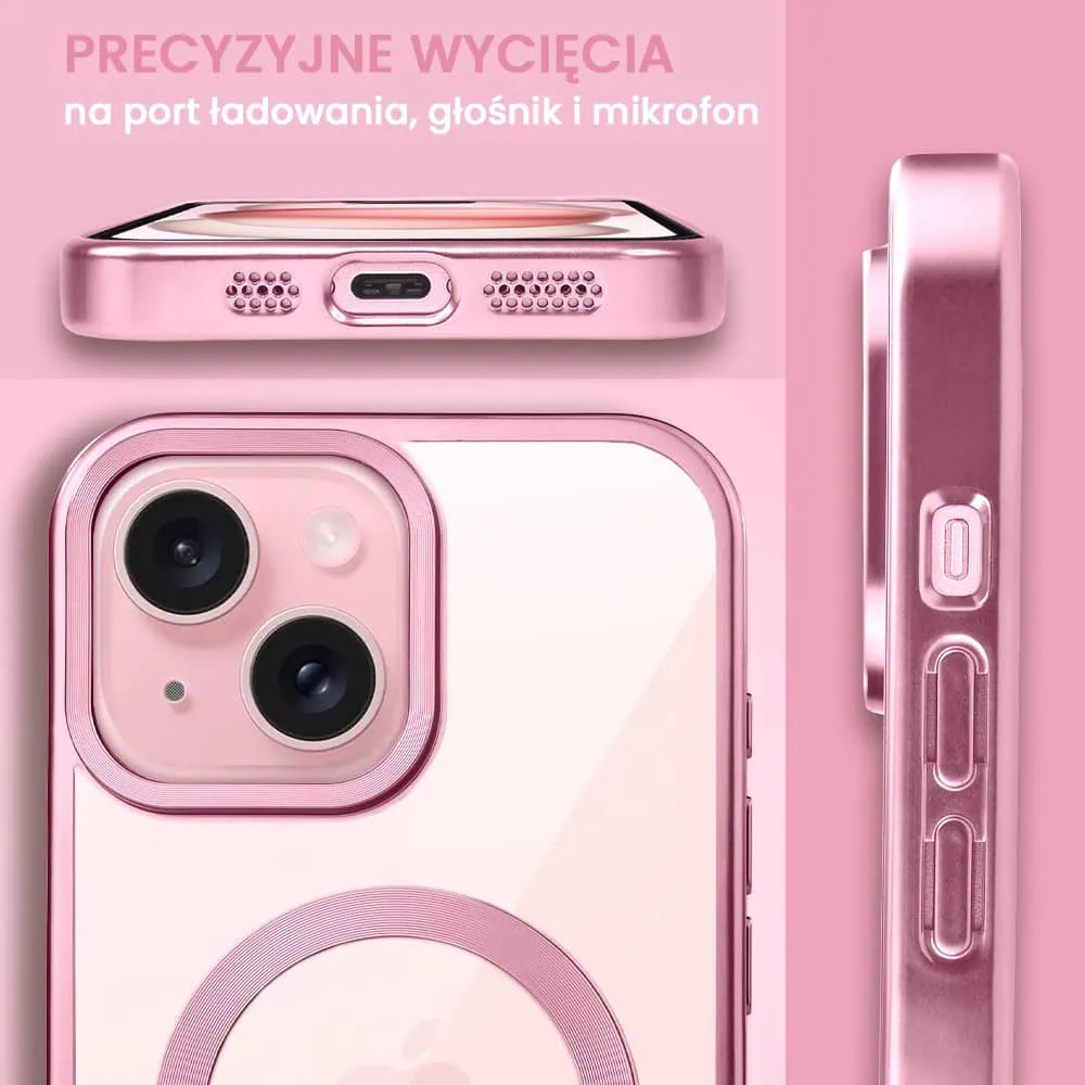 Etui do iPhone 15 Plus MagSafe Luxury Titanium Finish, przeźroczyste, różowe