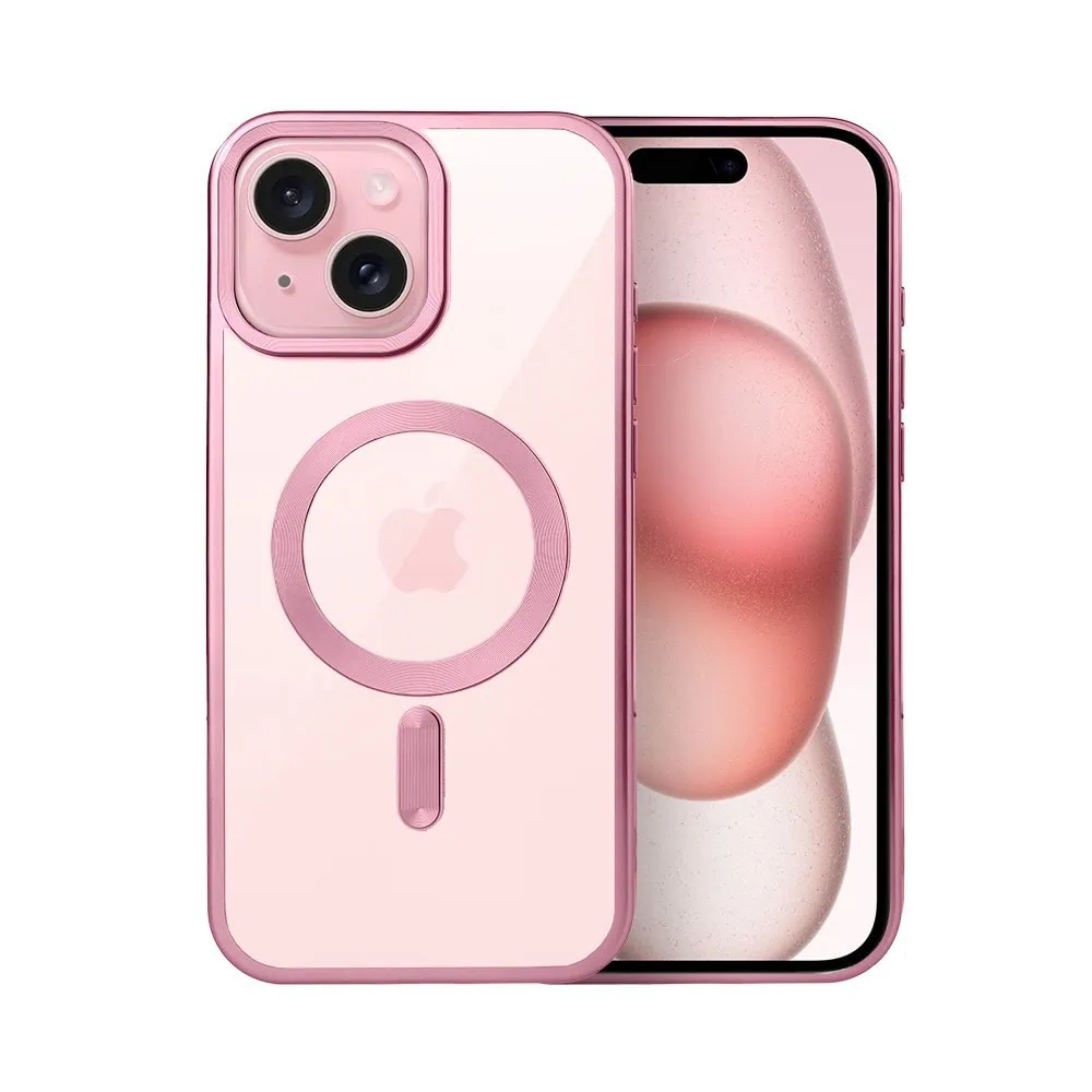 Etui do iPhone 15 Plus MagSafe Luxury Titanium Finish, przeźroczyste, różowe