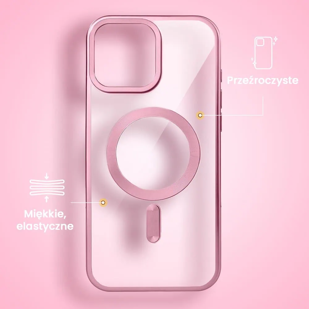 Etui do iPhone 15 Plus MagSafe Luxury Titanium Finish, przeźroczyste, różowe
