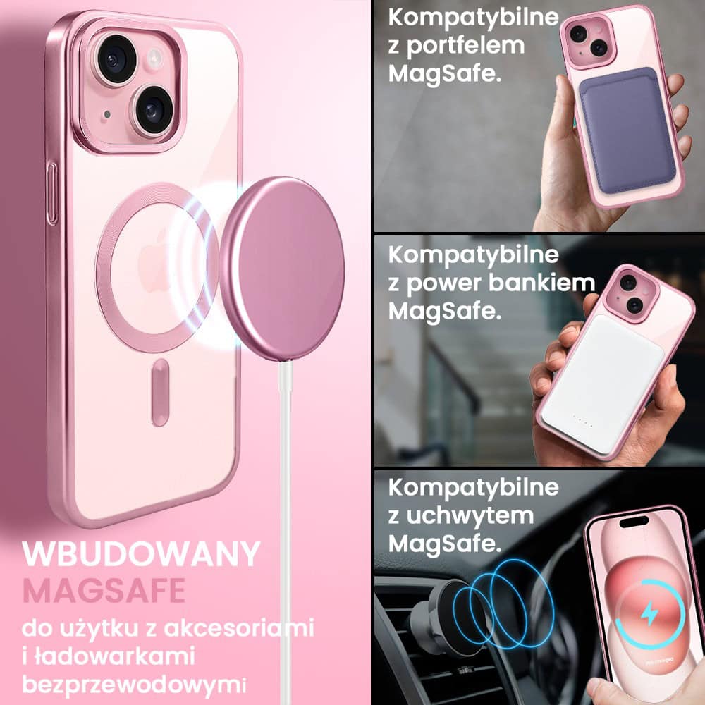 Etui do iPhone 15 Plus MagSafe Luxury Titanium Finish, przeźroczyste, różowe