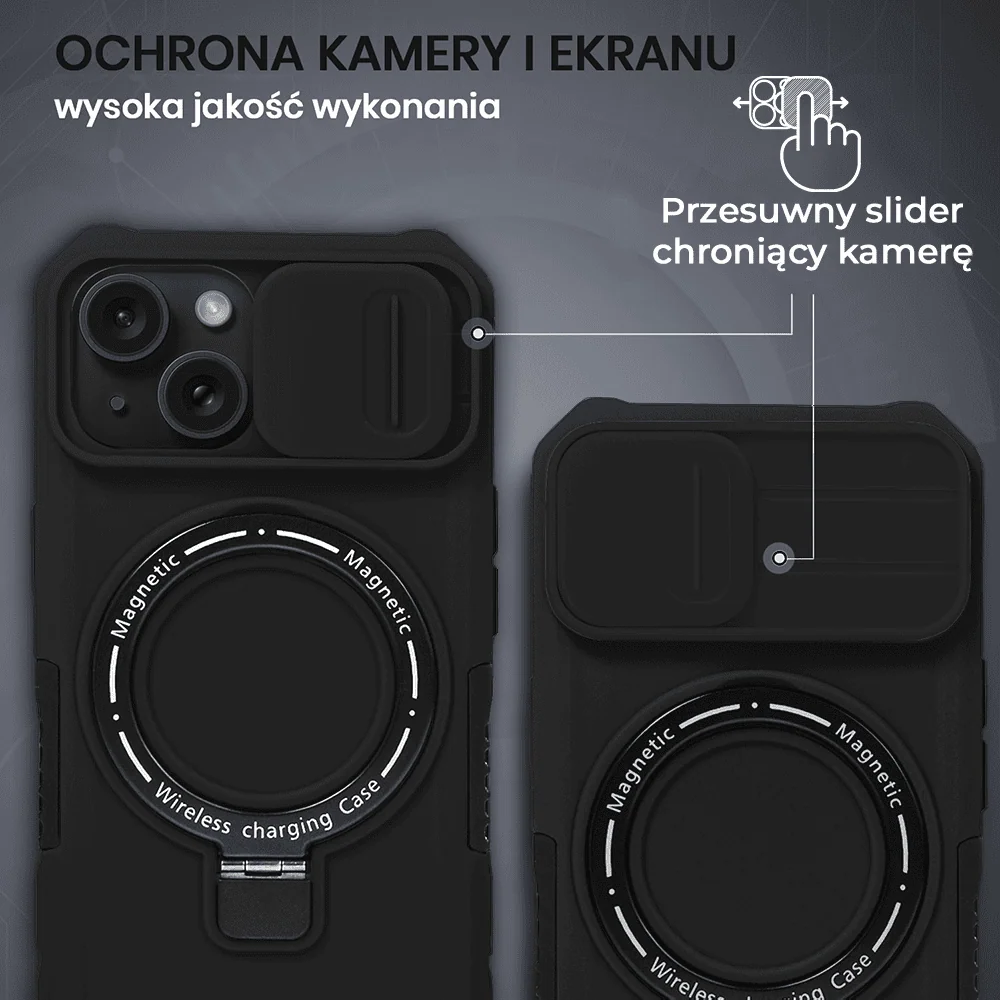 Etui do iPhone 15 MagSafe Slide Camera Stand pancerne, osłona kamery z podstawką, czarne