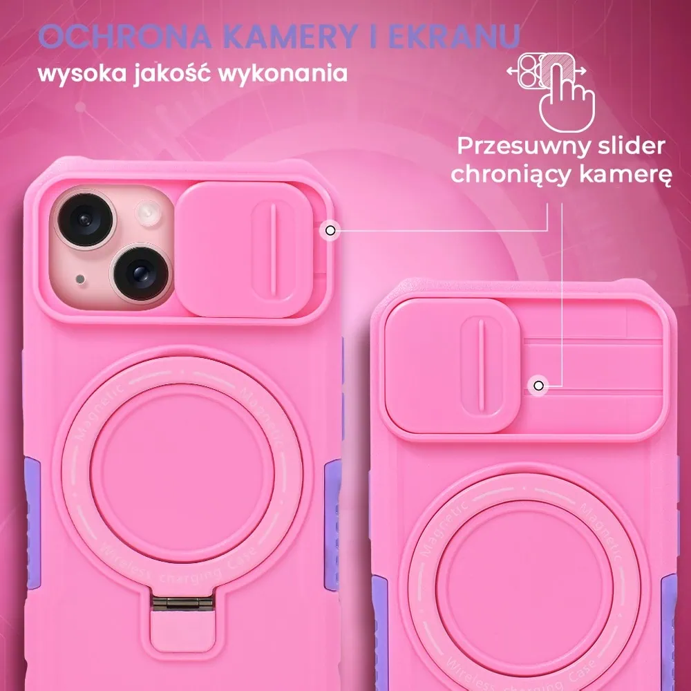Etui do iPhone 15 MagSafe Slide Camera Stand pancerne, osłona kamery z podstawką, różowe