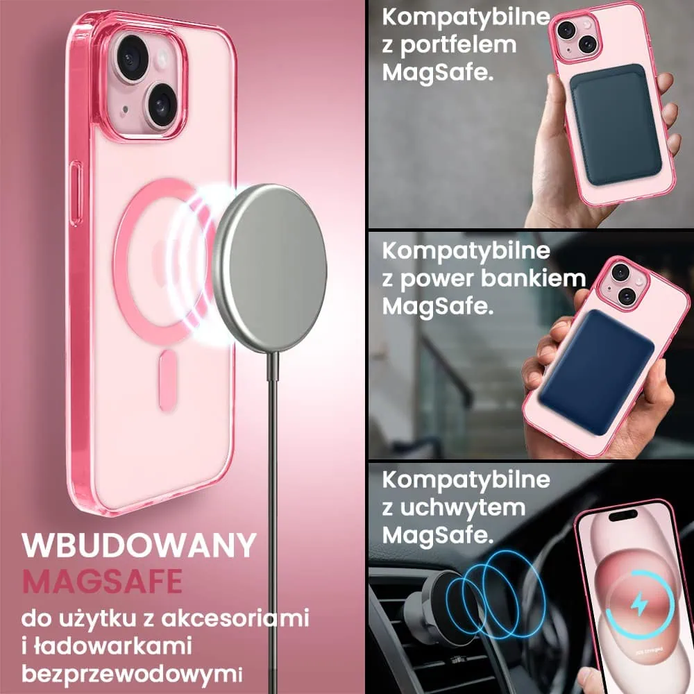 etui do iphone 15 plus, magsafe frosted skin, cienkie, półprzeźroczyste, różowe