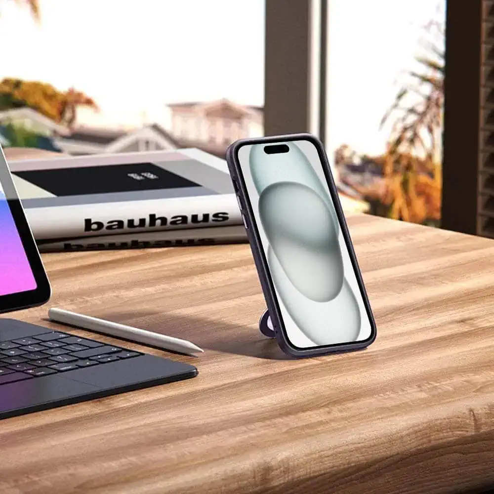 Etui do iPhone 15 Metal Cam MagSafe Stand z podstawką, twarde, półprzeźroczyste, czarne