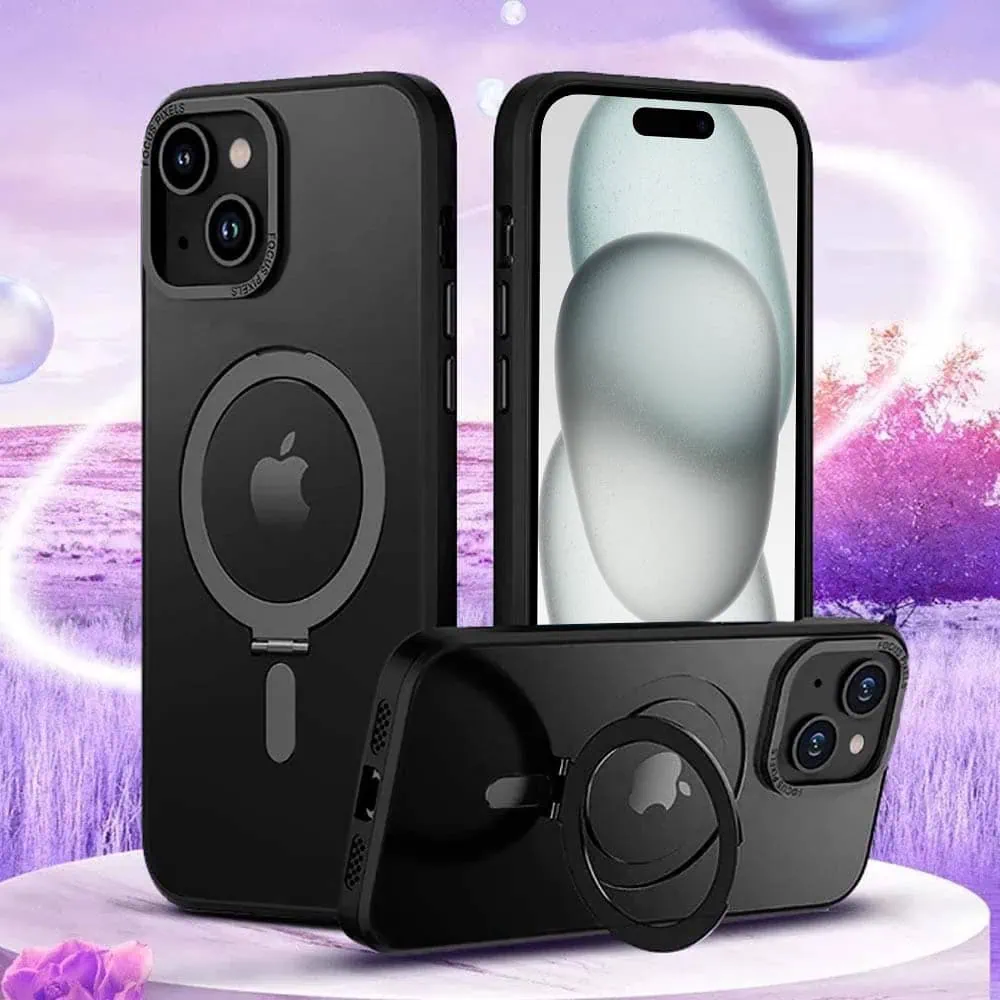 Etui do iPhone 15 Metal Cam MagSafe Stand z podstawką, twarde, półprzeźroczyste, czarne