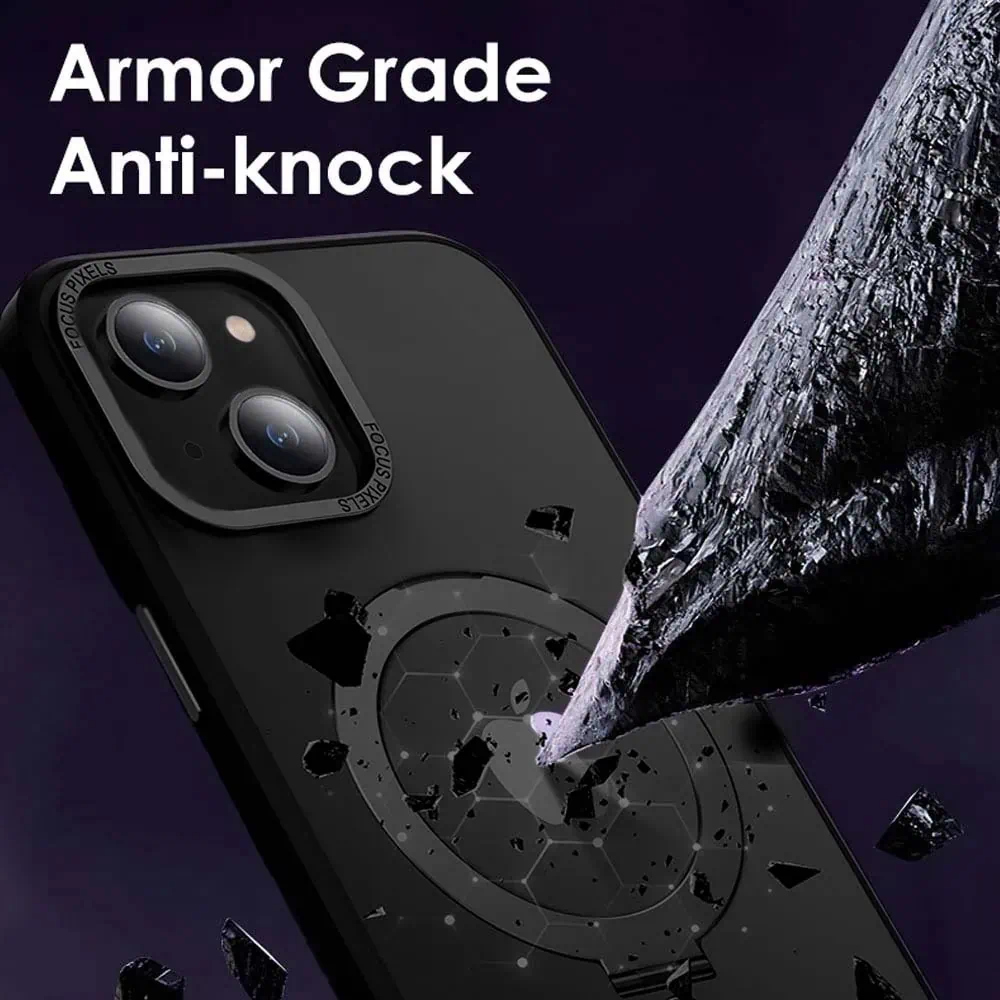 Etui do iPhone 15 Metal Cam MagSafe Stand z podstawką, twarde, półprzeźroczyste, czarne