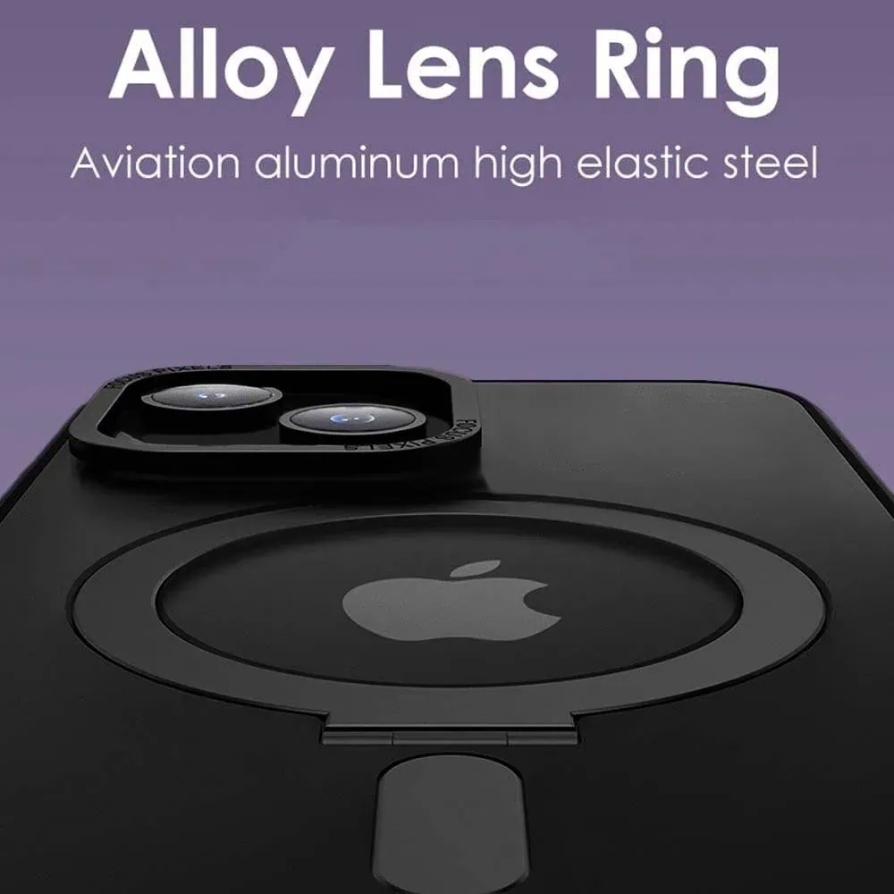 Etui do iPhone 15 Metal Cam MagSafe Stand z podstawką, twarde, półprzeźroczyste, czarne