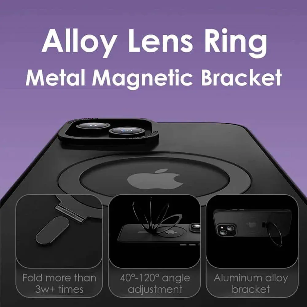 Etui do iPhone 15 Metal Cam MagSafe Stand z podstawką, twarde, półprzeźroczyste, czarne