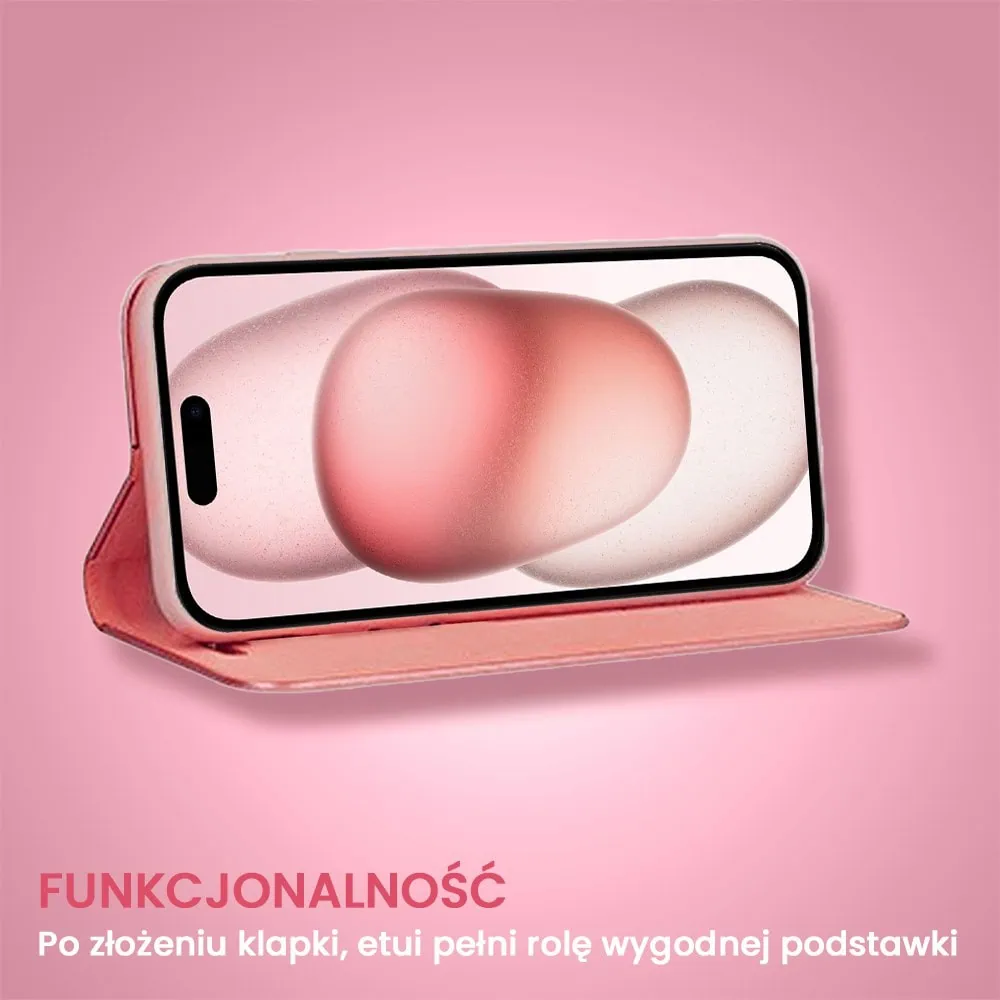 Etui do iPhone 15 Plus Mirror View zamykane typu książka, eleganckie lustrzane, różowe
