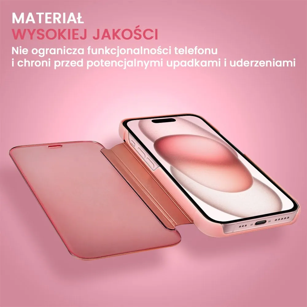 Etui do iPhone 15 Plus Mirror View zamykane typu książka, eleganckie lustrzane, różowe