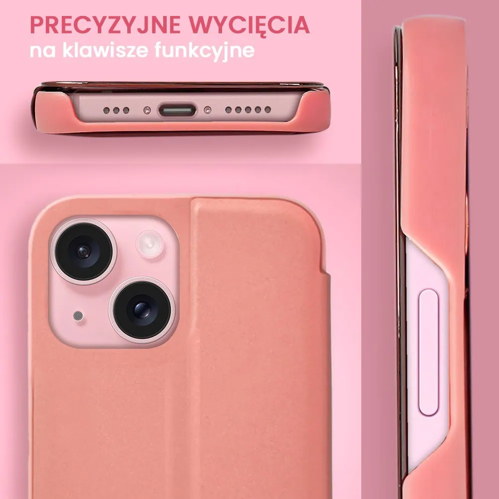 Etui do iPhone 15 Plus Mirror View zamykane typu książka, eleganckie lustrzane, różowe