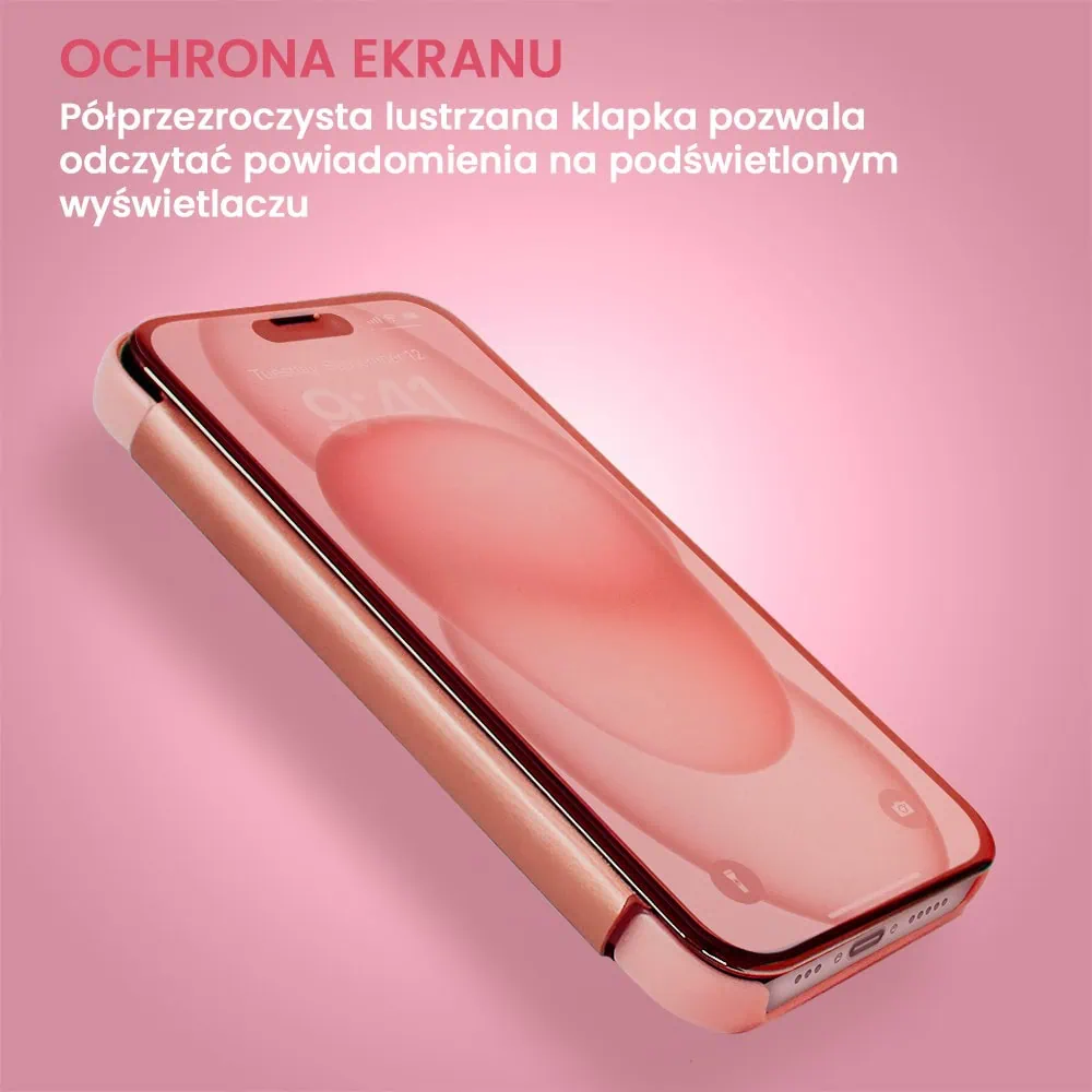 Etui do iPhone 15 Plus Mirror View zamykane typu książka, eleganckie lustrzane, różowe
