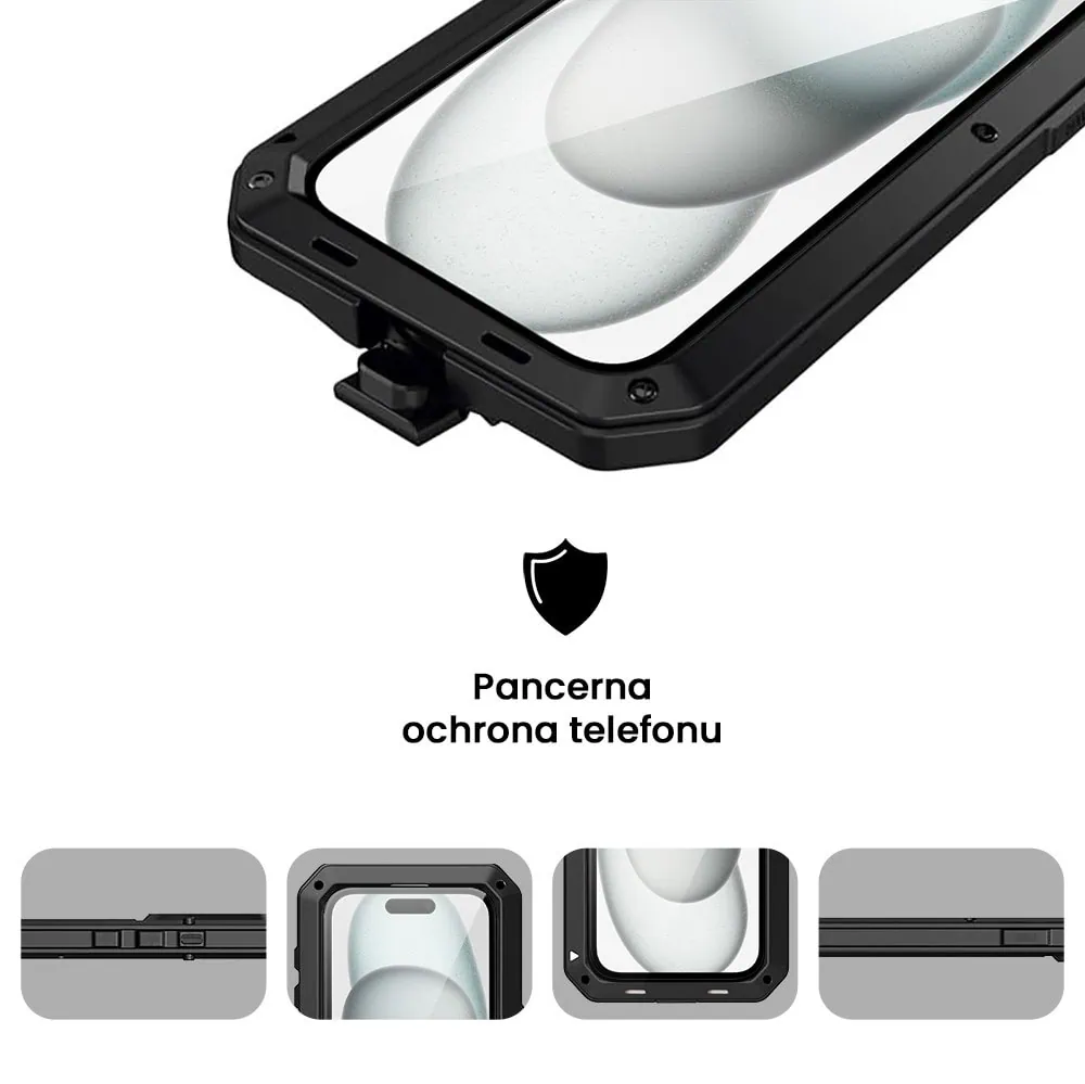 Etui do iPhone 15 Plus Panzer Max, metalowa, skręcana, pancerna obudowa przód+tył, czarne