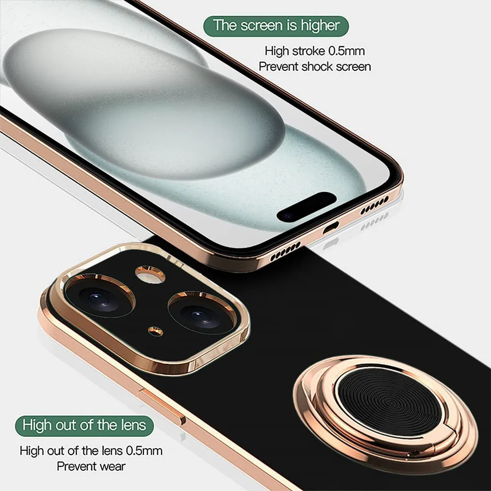 Etui do iPhone 15 Plus eleganckie, ze złotym, metalowym uchwytem i zdobieniami, osłona na aparat, czarne
