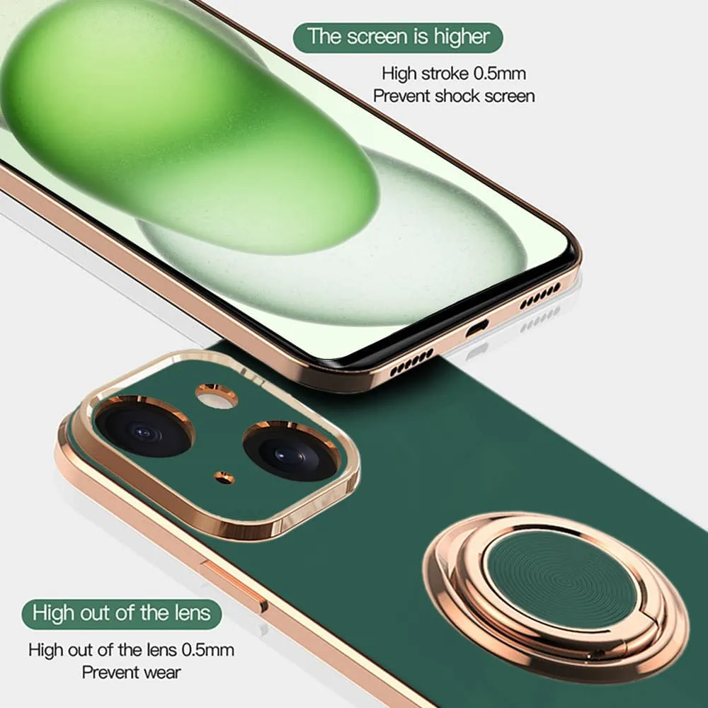 Etui do iPhone 15 eleganckie, ze złotym, metalowym uchwytem i zdobieniami, osłona na aparat, zielone