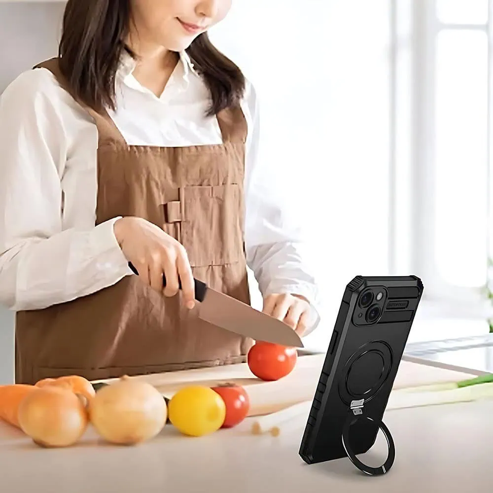 Etui do iPhone 15 Plus, pancerne, z osłoną aparatu i metalową podstawką MagSafe, czarne