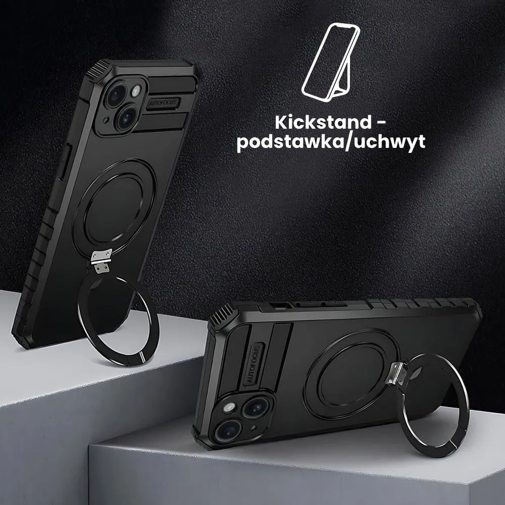 Etui do iPhone 15 Plus, pancerne, z osłoną aparatu i metalową podstawką MagSafe, czarne
