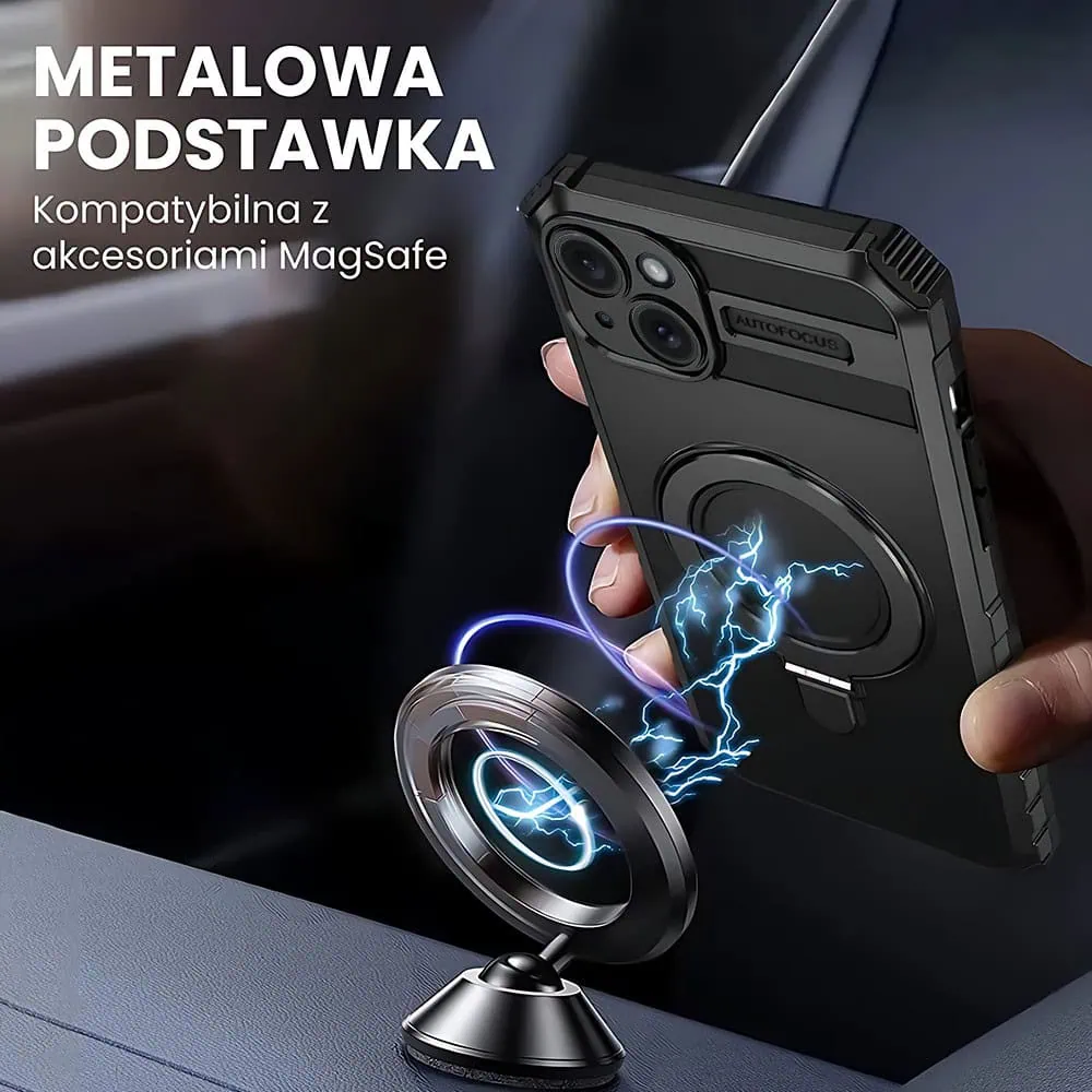 Etui do iPhone 15 Plus, pancerne, z osłoną aparatu i metalową podstawką MagSafe, czarne
