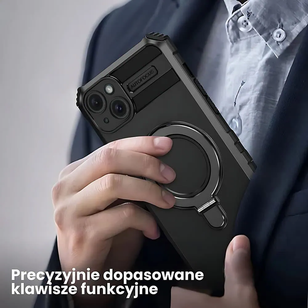 Etui do iPhone 15 Plus, pancerne, z osłoną aparatu i metalową podstawką MagSafe, czarne