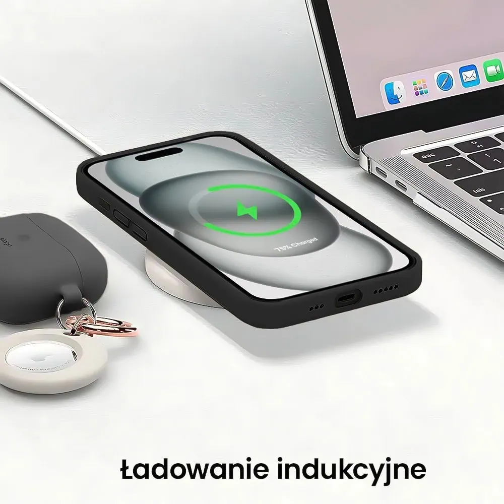 Etui do iPhone 15 silikonowe z mikrofibrą soft touch z osłoną na aparat, czarne