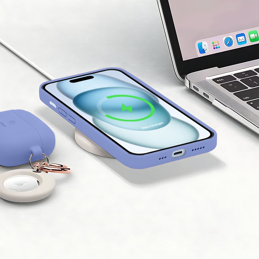 Etui do iPhone 15 silikonowe z mikrofibrą soft touch z osłoną na aparat, fioletowe liliowe