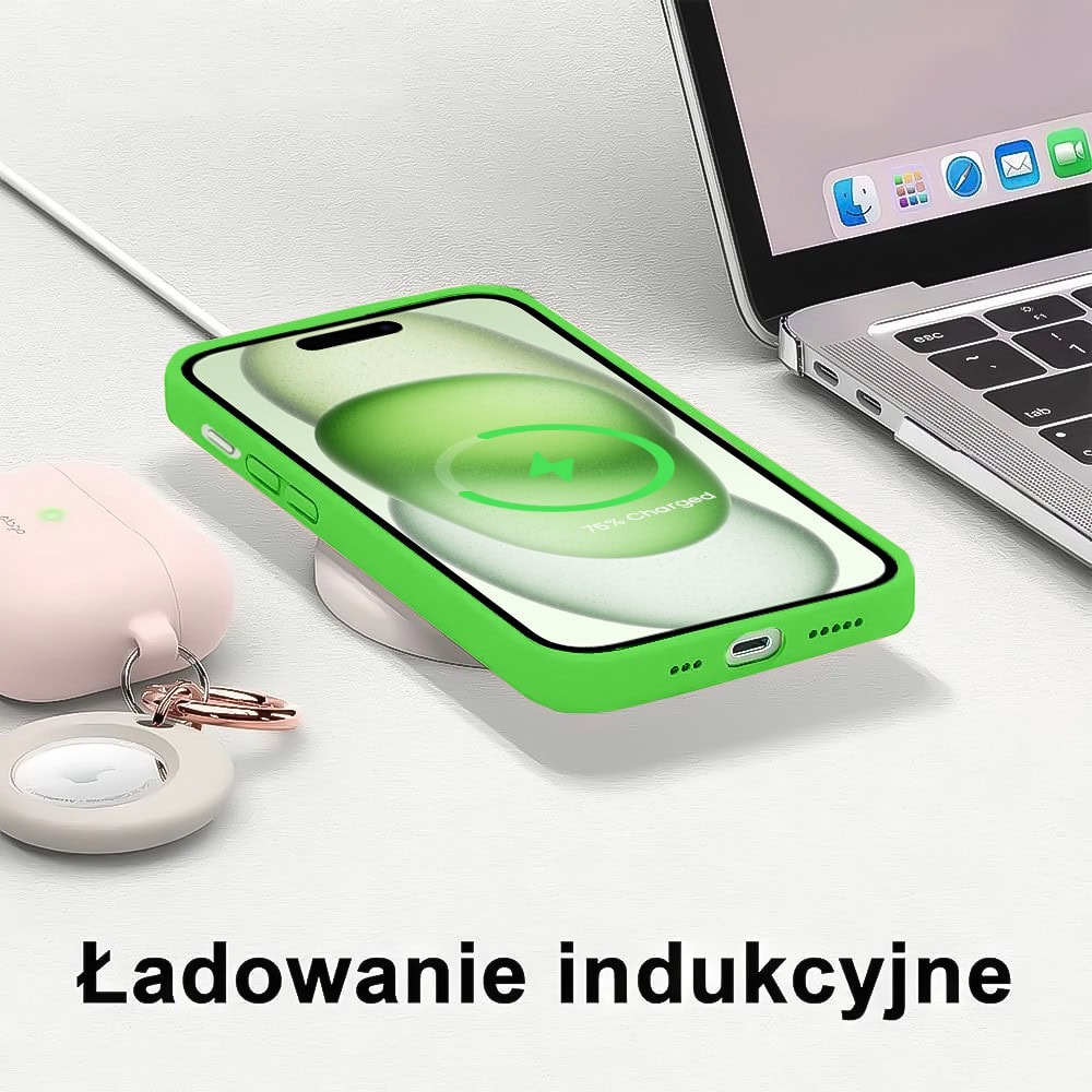 Etui do iPhone 15 Plus silikonowe z mikrofibrą soft touch z osłoną na aparat, wiosenna zieleń